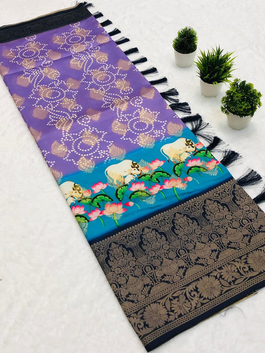 Banarasi Silk Pichwai Kalamkari Saree with Zari Gold Kanchi Weaving