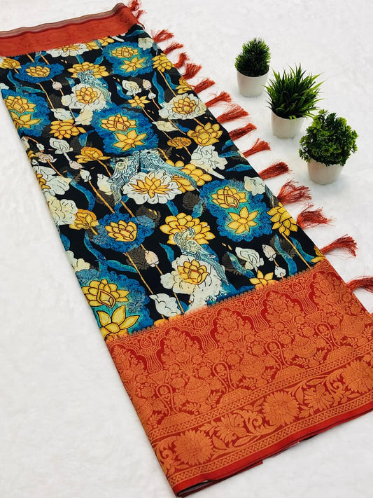 Banarasi Silk Pichwai Kalamkari Saree with Zari Gold Kanchi Weaving