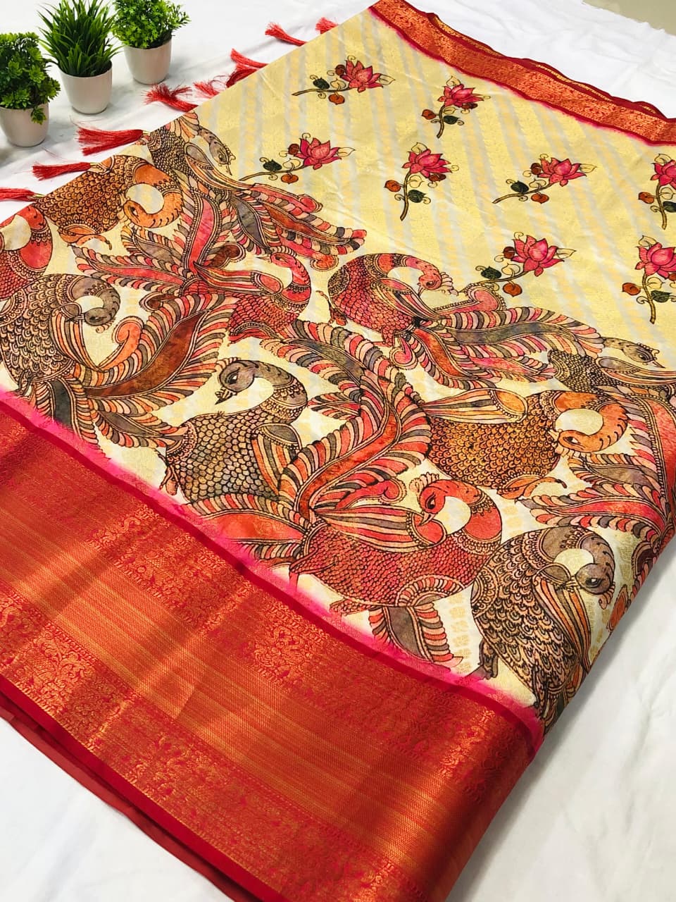 Banarasi Silk Pichwai Kalamkari Saree with Zari Gold Kanchi Weaving