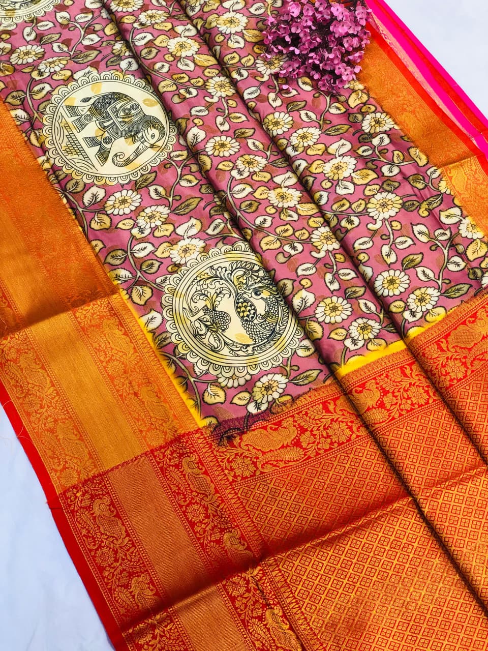 Banarasi Silk Pichwai Kalamkari Saree with Zari Gold Kanchi Weaving