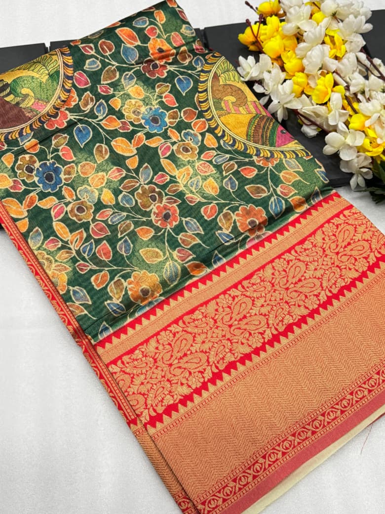 Banarasi Silk Pichwai Kalamkari Saree with Zari Gold Kanchi Weaving