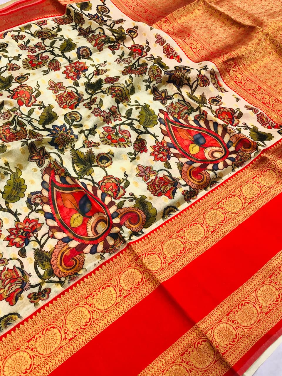 Banarasi Silk Pichwai Kalamkari Saree with Zari Gold Kanchi Weaving