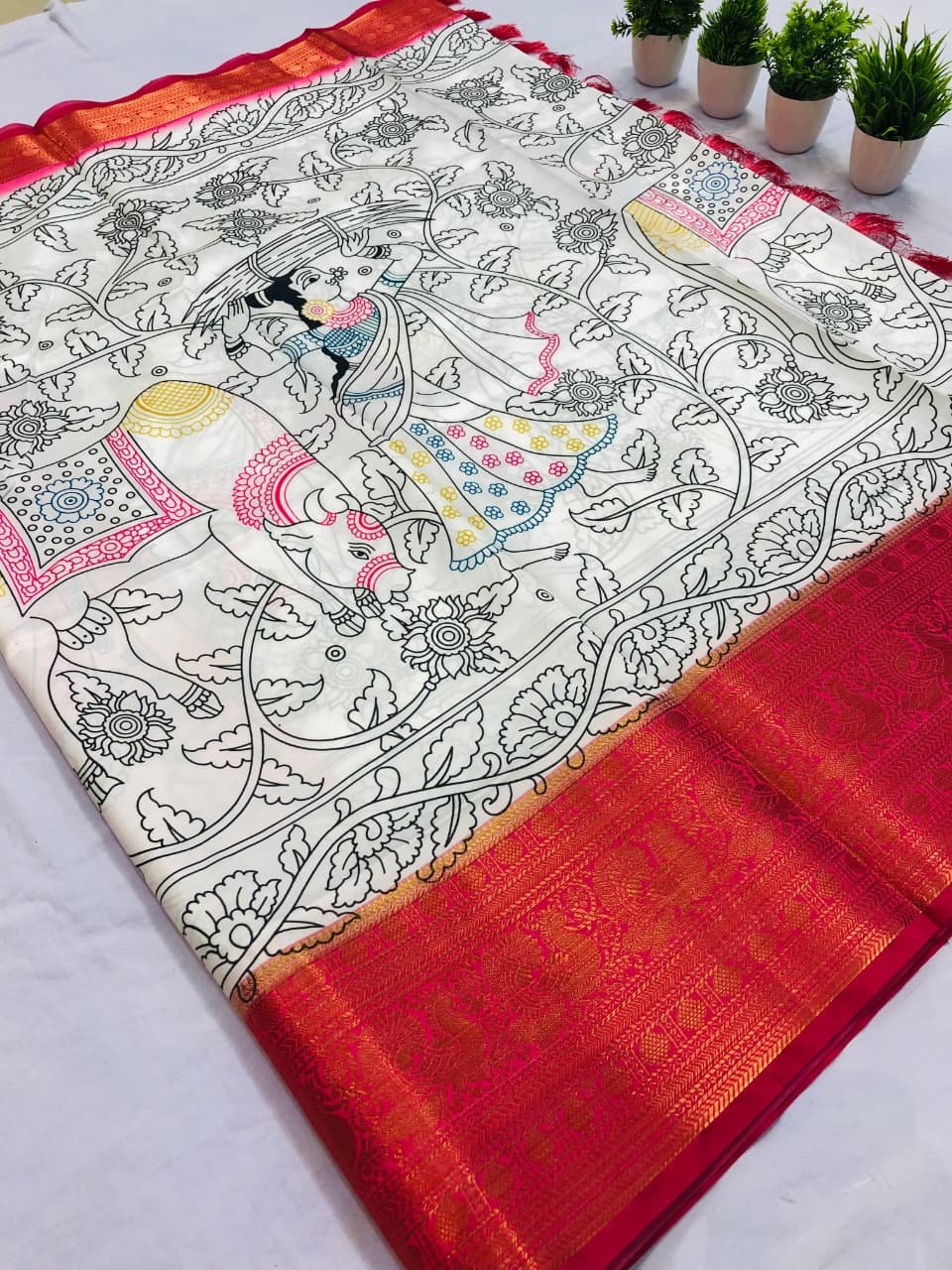 Banarasi Silk Pichwai Kalamkari Saree with Zari Gold Kanchi Weaving