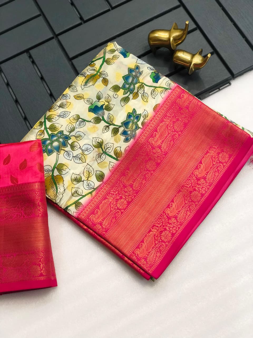 Banarasi Silk Pichwai Kalamkari Saree with Zari Gold Kanchi Weaving
