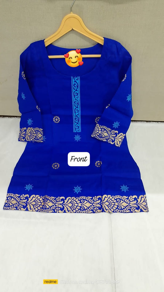 Blue Cotton Kurti with Print on Neckline, Sleeves & Hem