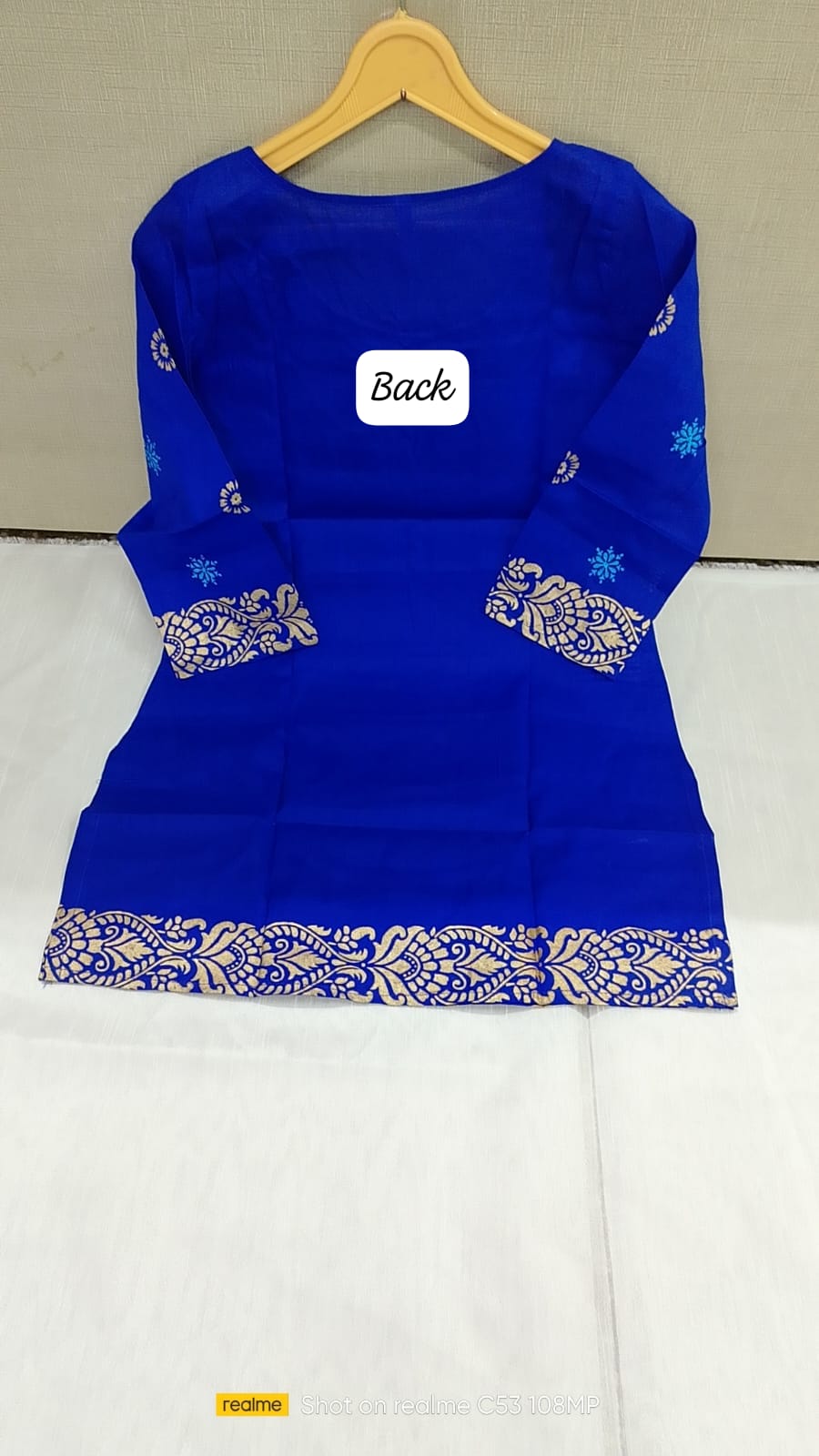 Blue Cotton Kurti with Print on Neckline, Sleeves & Hem
