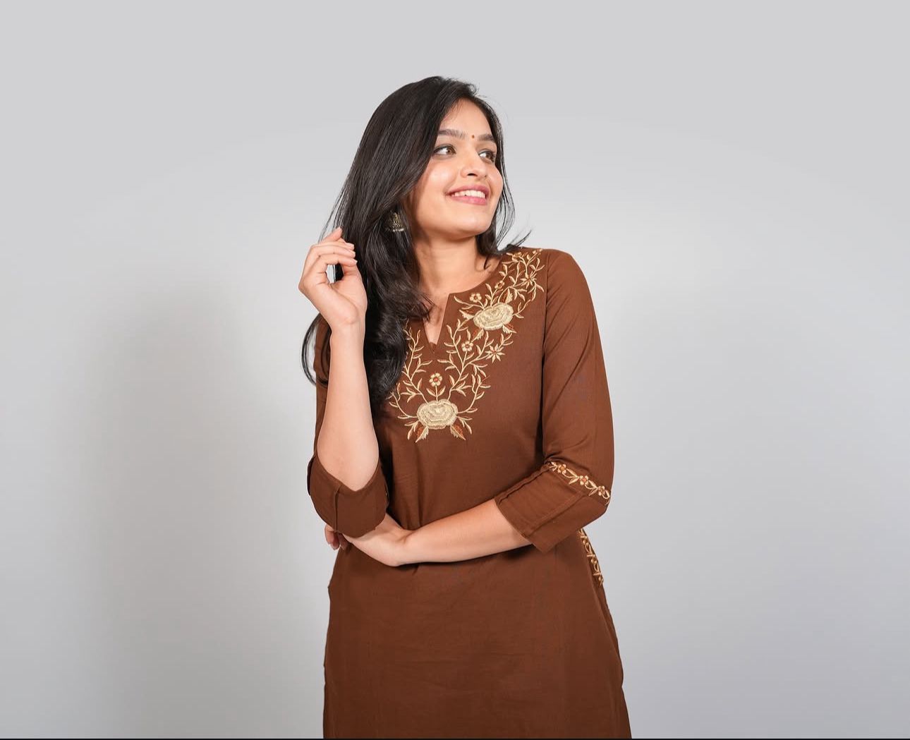 Brown Cotton Embroidered Kurti Pant Set with Pockets