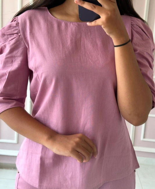 Cotton Puff Sleeve Coord Set with Culottes Palazzo Pant