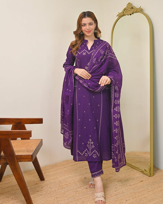 Purple Bandhej Print A-Line Cotton Suit Set with Dupatta