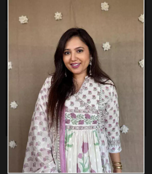 Purple Floral Printed Cotton Angrakha Kurti Set with Sequence Work & Mul Cotton Dupatta