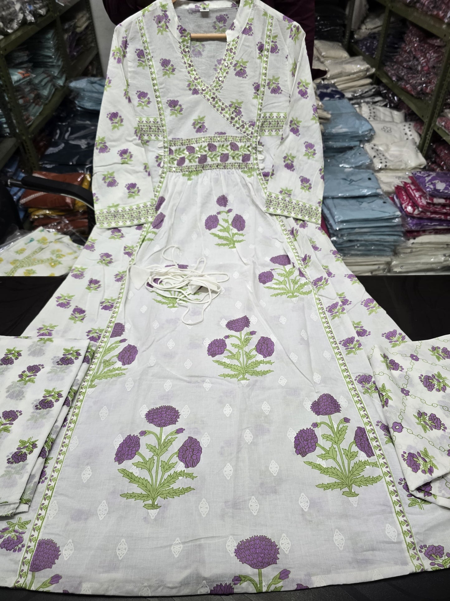 Purple Floral Printed Cotton Angrakha Kurti Set with Sequence Work & Mul Cotton Dupatta