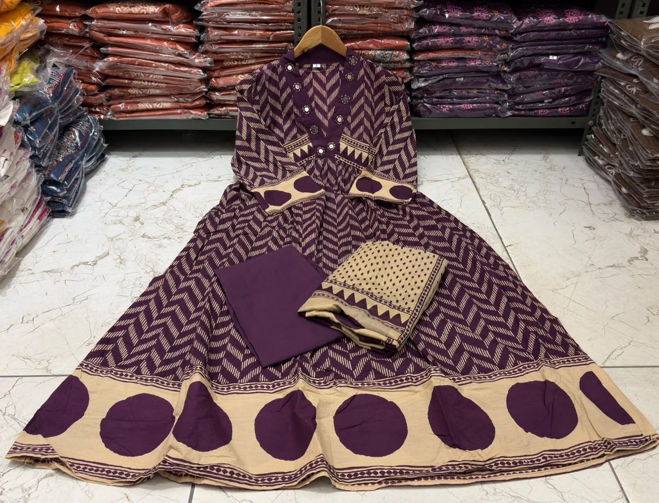 Purple Procin Print A-Line Cotton Kurti Set with Pant & Mal Mal Dupatta