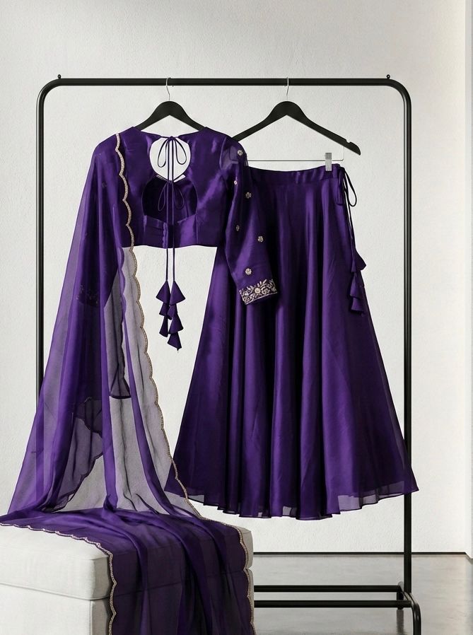 Purple Rangoli Lehenga Set with Embroidered Blouse & Cutwork Dupatta