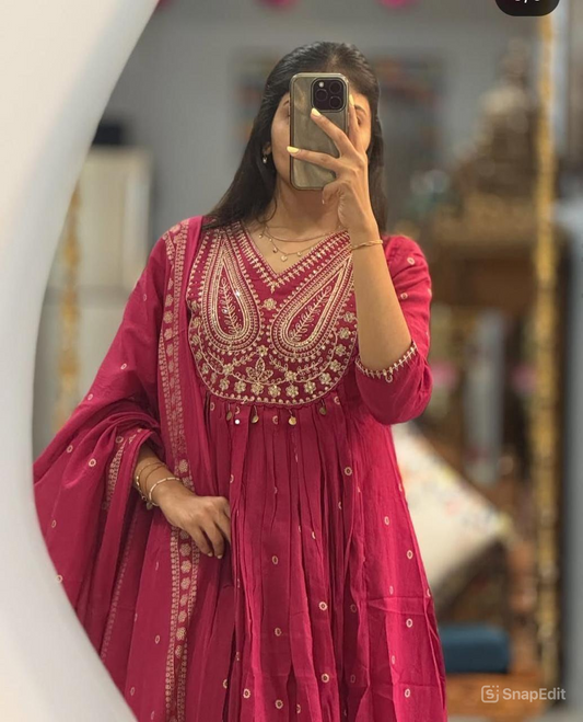 Rani Cotton Anarkali Kurti Set with Embroidery & Malmal Dupatta