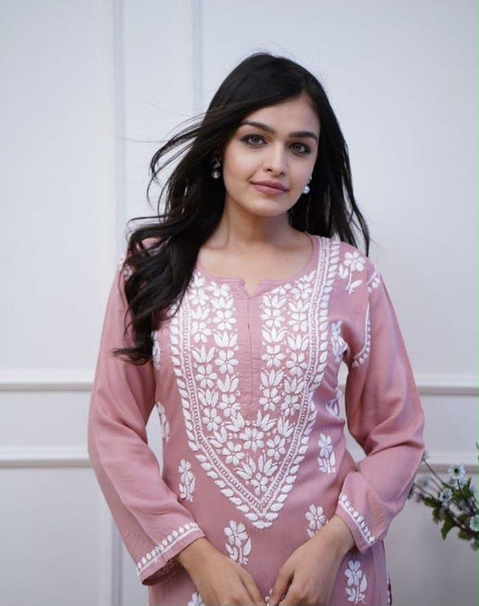 Rayon Chicken Embroidery Kurti Pant Set | Fully Stitched