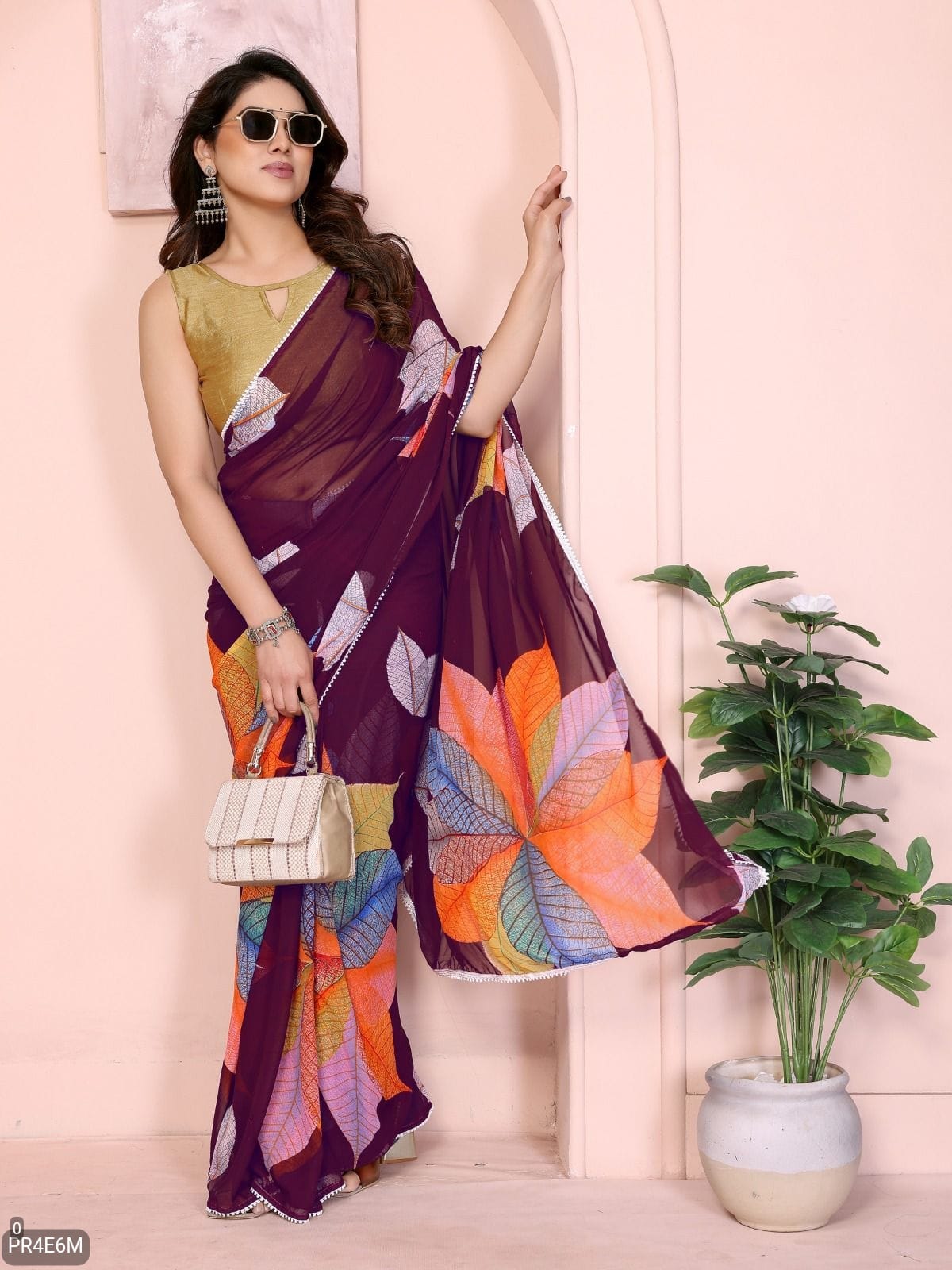 Ready-to-Wear Georgette Printed Leaf Saree with Lace Work & Banglori Silk Blouse