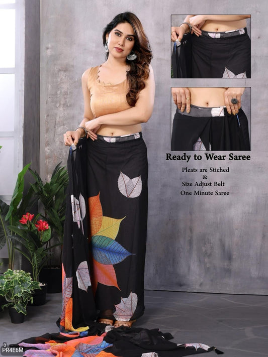Ready-to-Wear Georgette Printed Leaf Saree with Lace Work & Banglori Silk Blouse