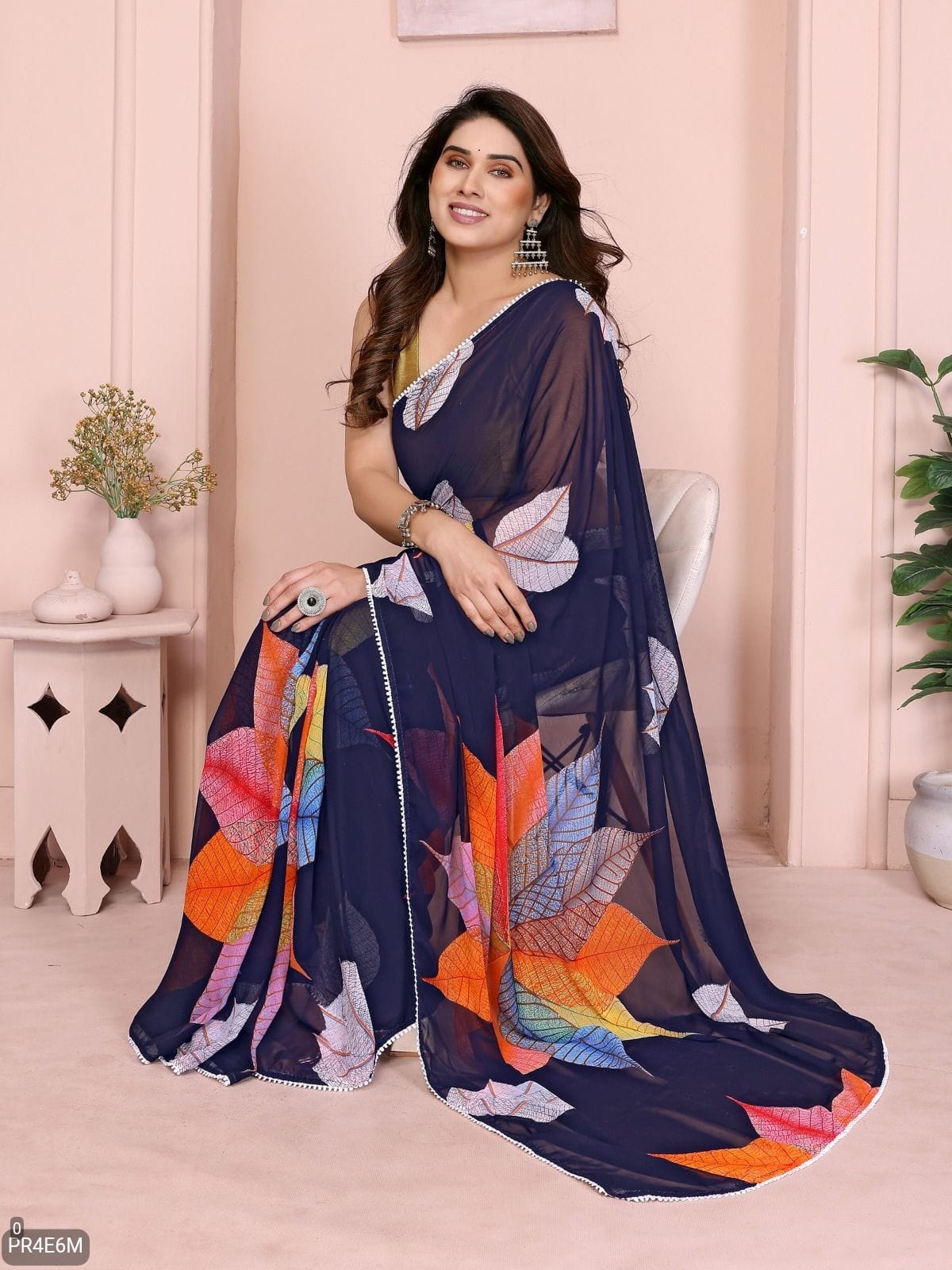 Ready-to-Wear Georgette Printed Leaf Saree with Lace Work & Banglori Silk Blouse