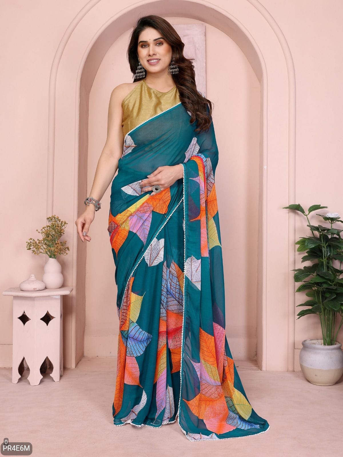Ready-to-Wear Georgette Printed Leaf Saree with Lace Work & Banglori Silk Blouse