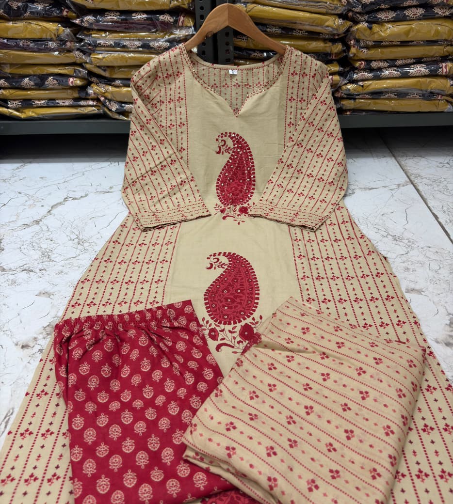 Red Cotton 60×60 Kairi Print Kurti Pant Dupatta Suit Set