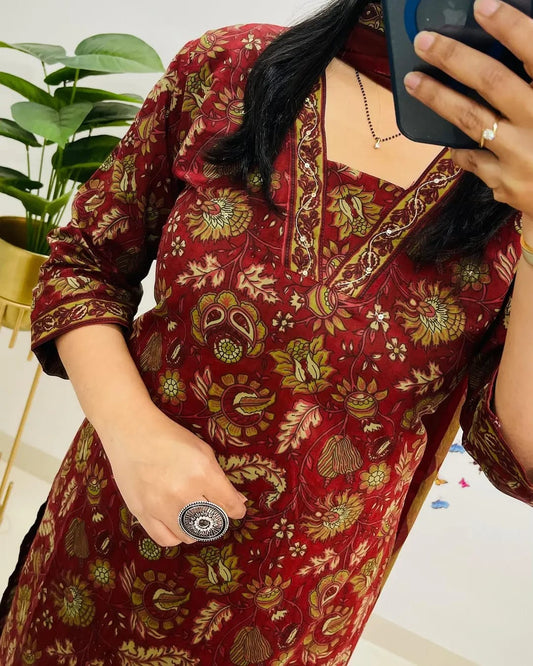 Red Cotton Flowy Kurta Set with Mulmul Dupatta - 3 Piece Suit