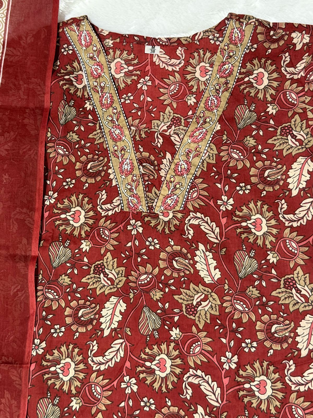 Red Cotton Flowy Kurta Set with Mulmul Dupatta - 3 Piece Suit