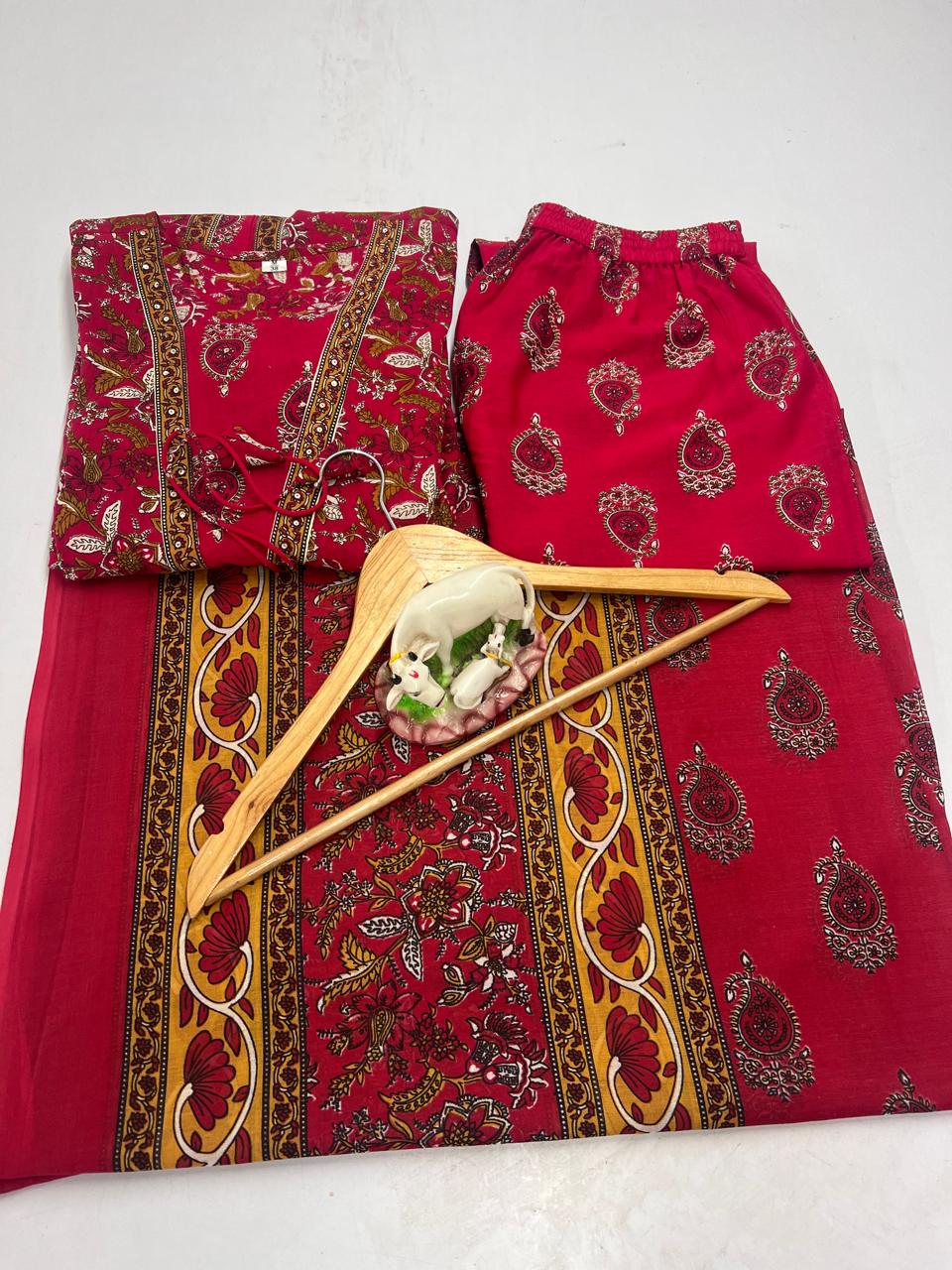 Red Cotton Printed Double Layer Anarkali Kurti Pant Set with Malmal Dupatta