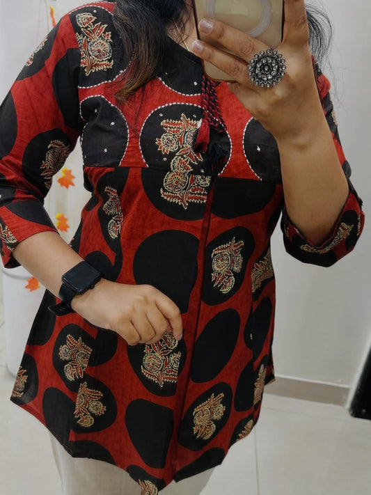 Red Cotton Printed & Embroidered Katha Work Cord Set
