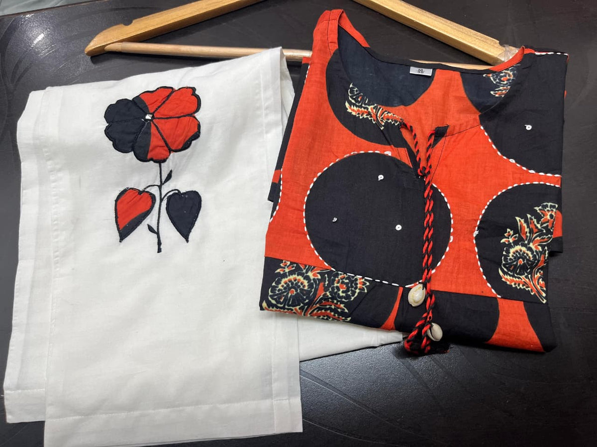 Red Cotton Printed & Embroidered Katha Work Cord Set