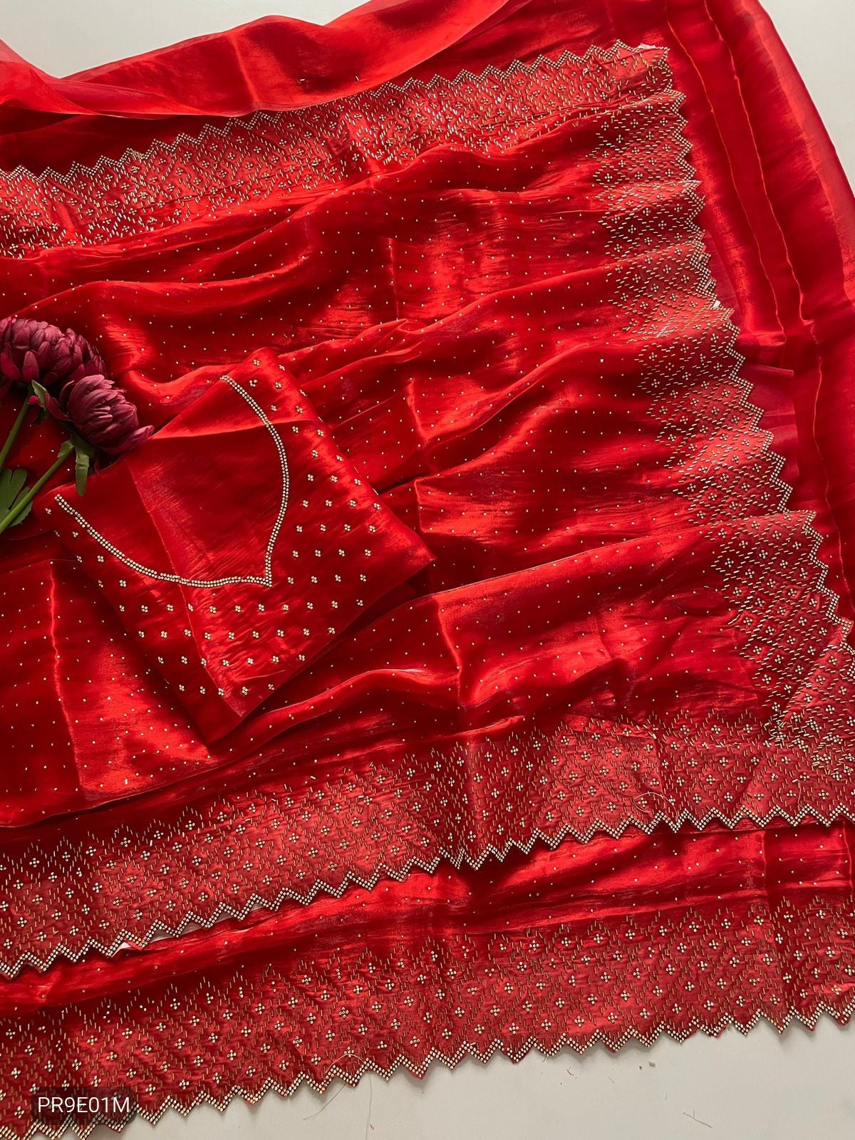 Red Jimmy Choo Saree with Zarkhan & Diamond Work Blouse