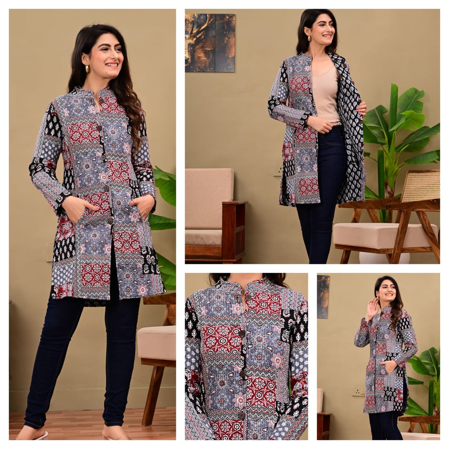 Reversible Quilted Cotton Long Coat with Pockets