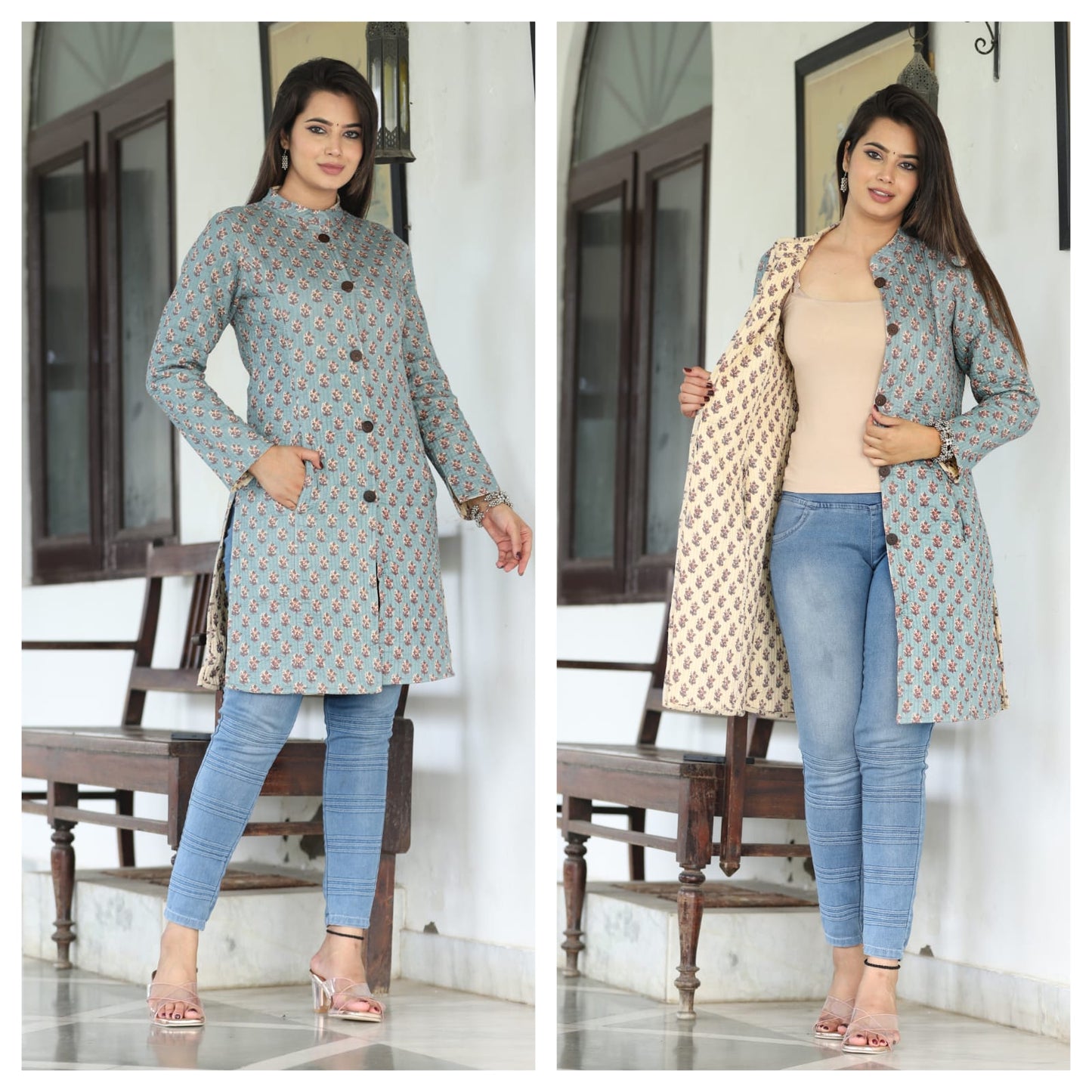 Reversible Quilted Cotton Long Coat with Pockets