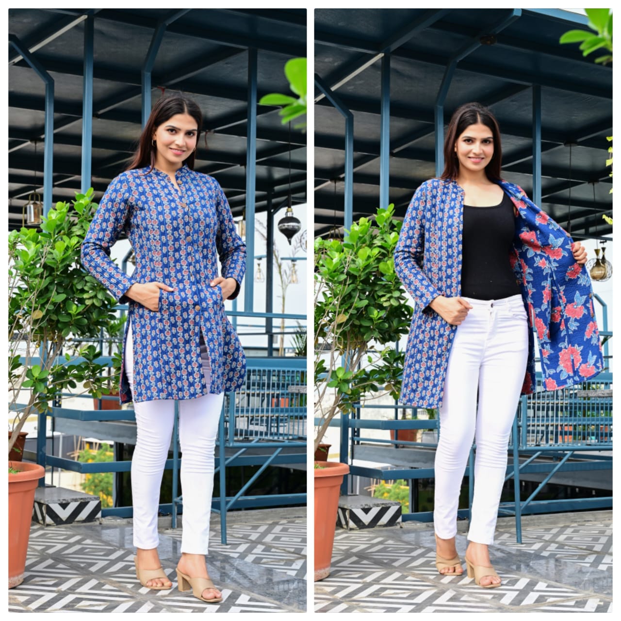 Reversible Quilted Cotton Long Coat with Pockets