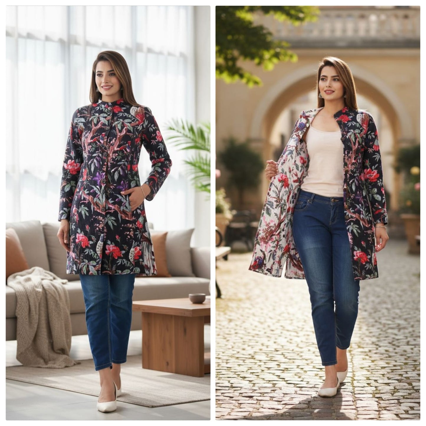 Reversible Quilted Cotton Long Coat with Pockets