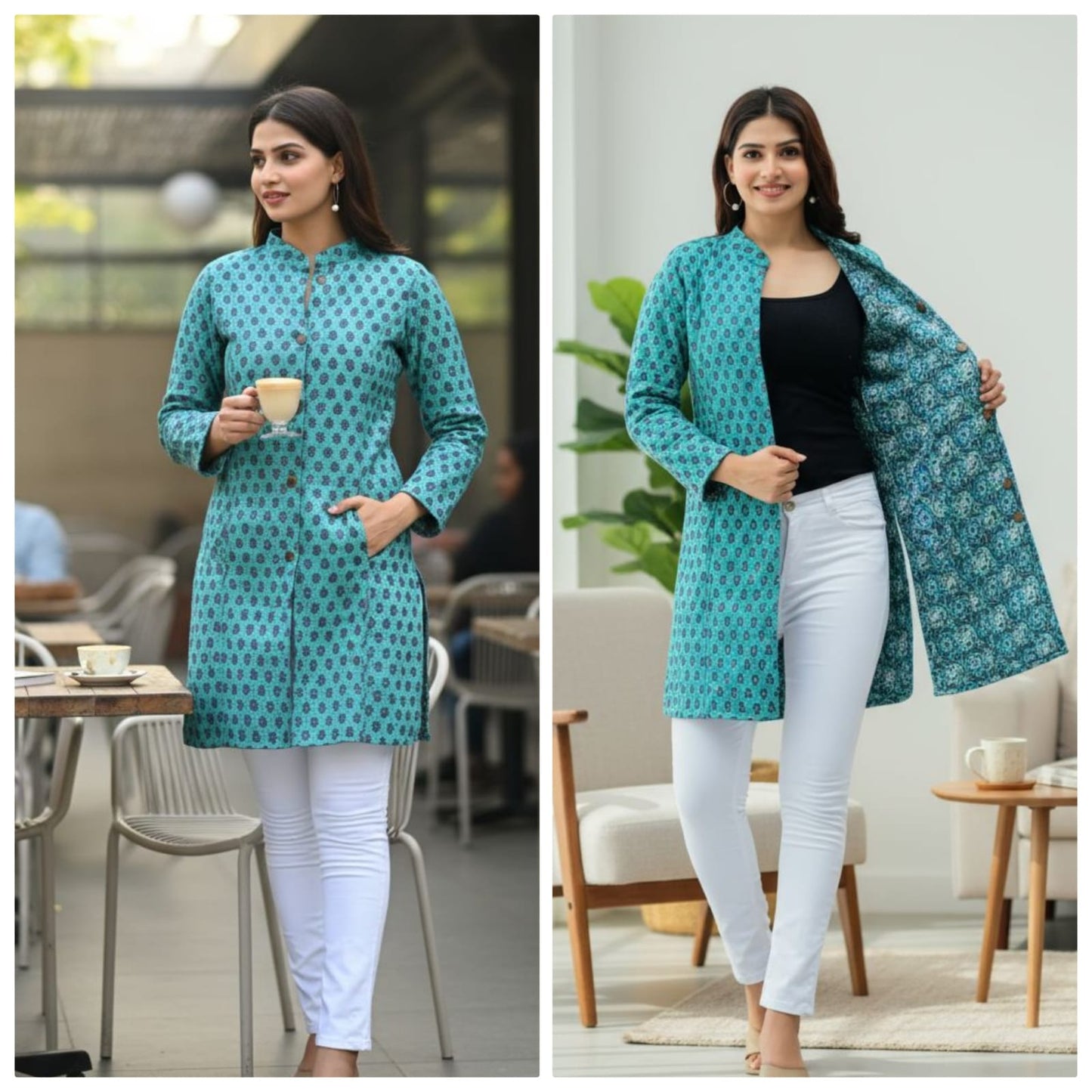 Reversible Quilted Cotton Long Coat with Pockets