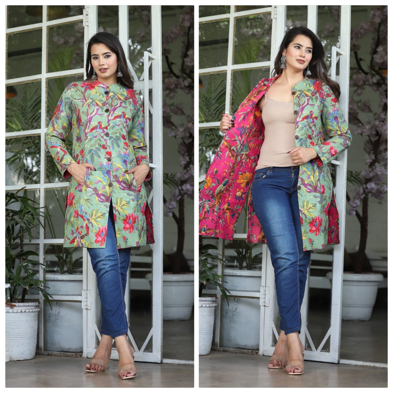 Woman wearing a colorful floral coat in two different poses with a white lattice background.