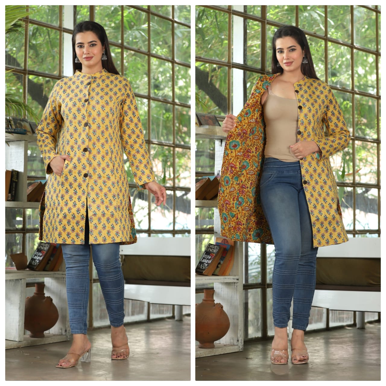 Reversible Quilted Long Cotton Coat with Pockets | Winterwear