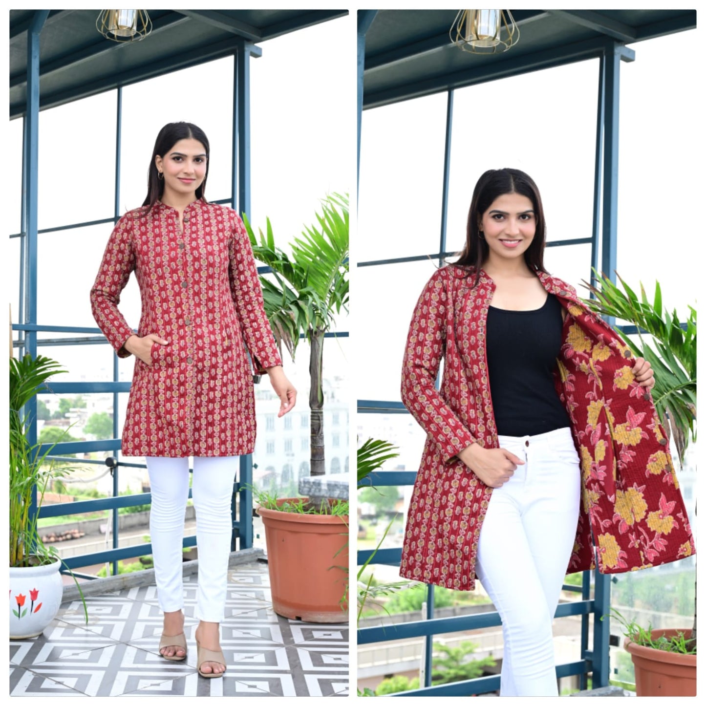 Reversible Quilted Long Cotton Coat with Pockets | Winterwear