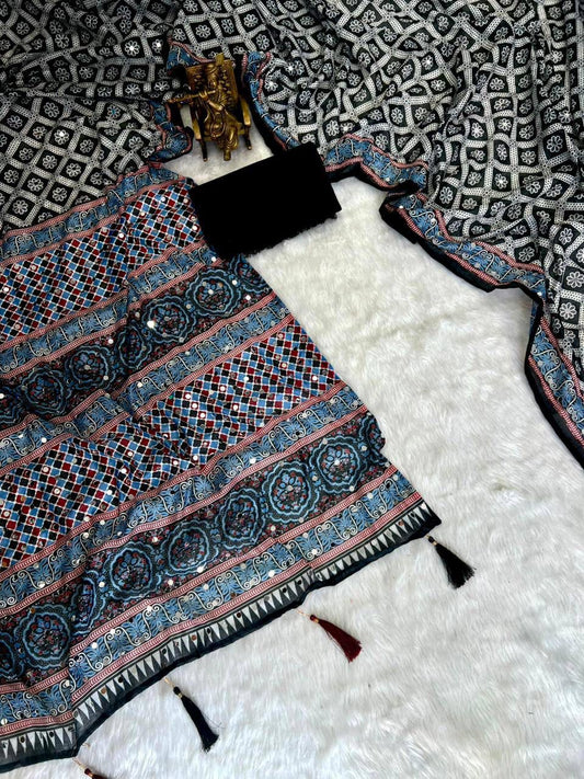 Roman Cotton Ajrakh Print Mirror Work Saree with Latkan Border