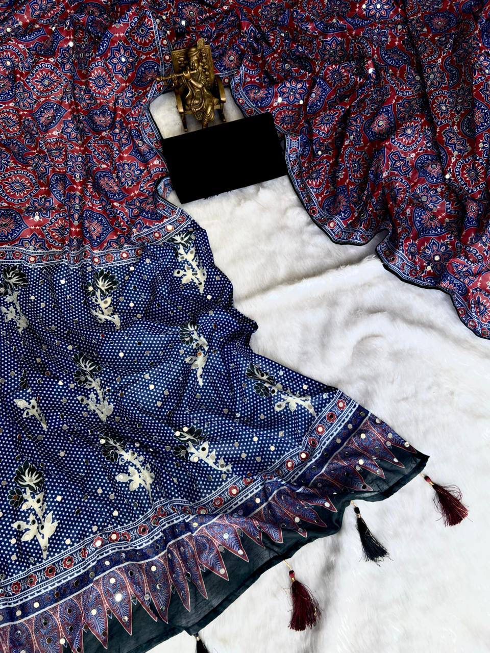 Roman Cotton Ajrakh Print Mirror Work Saree with Latkan Border
