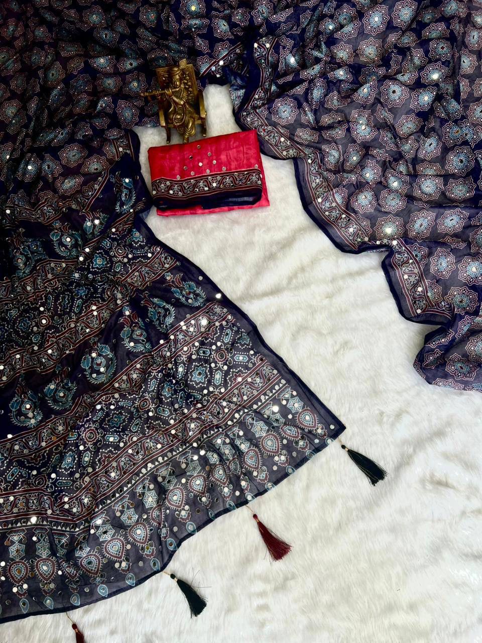 Roman Cotton Ajrakh Print Mirror Work Saree with Latkan Border