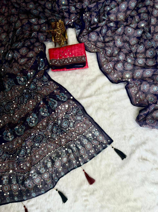 Roman Cotton Ajrakh Print Mirror Work Saree with Latkan Border