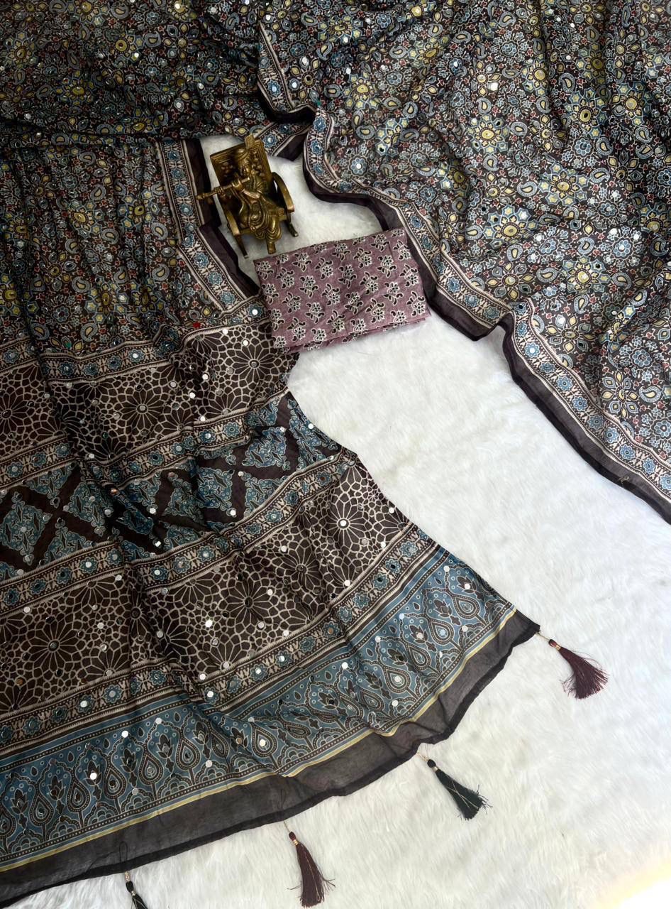 Roman Cotton Ajrakh Print Mirror Work Saree with Latkan Border