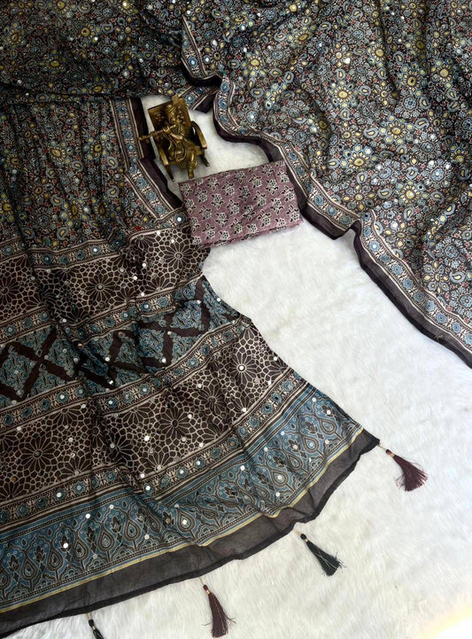 Roman Cotton Ajrakh Print Mirror Work Saree with Latkan Border