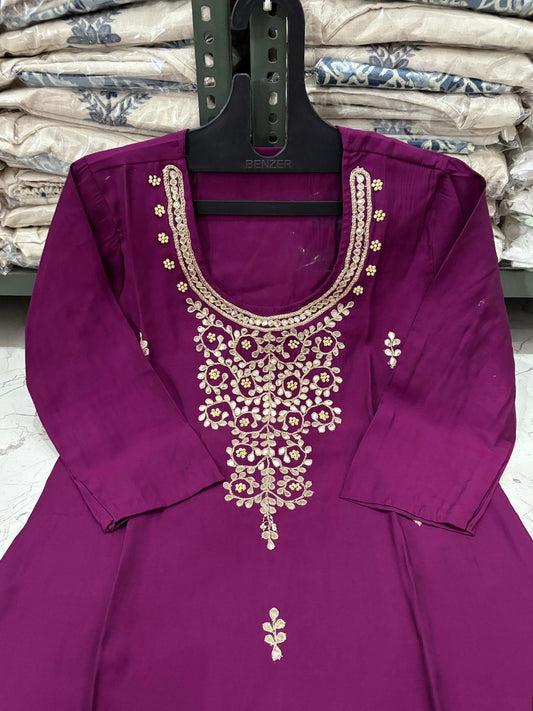 Roman Modal Silk Kurti Set with Chiffon Dupatta & Gota Patti Work