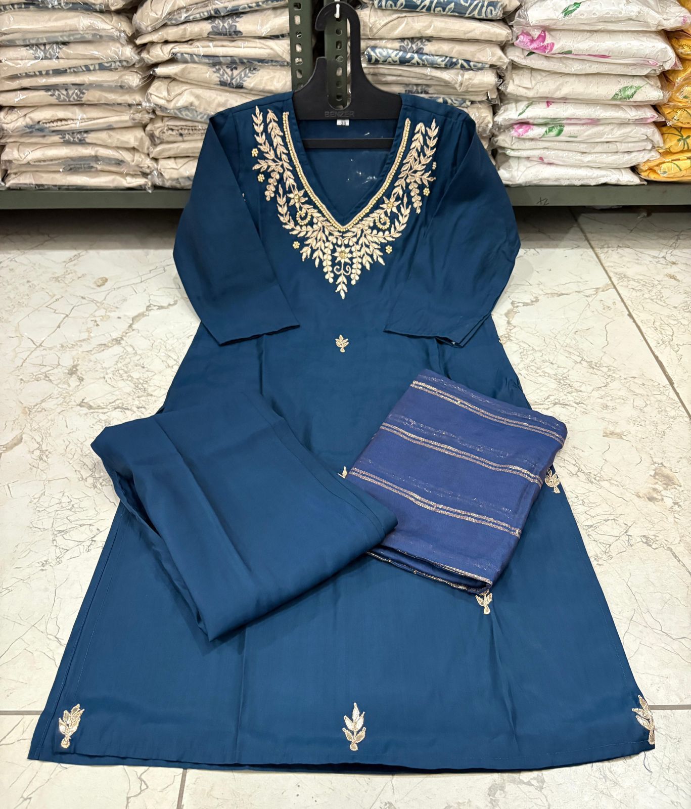 Roman Modal Silk Kurti Set with Chiffon Dupatta & Gota Patti Work