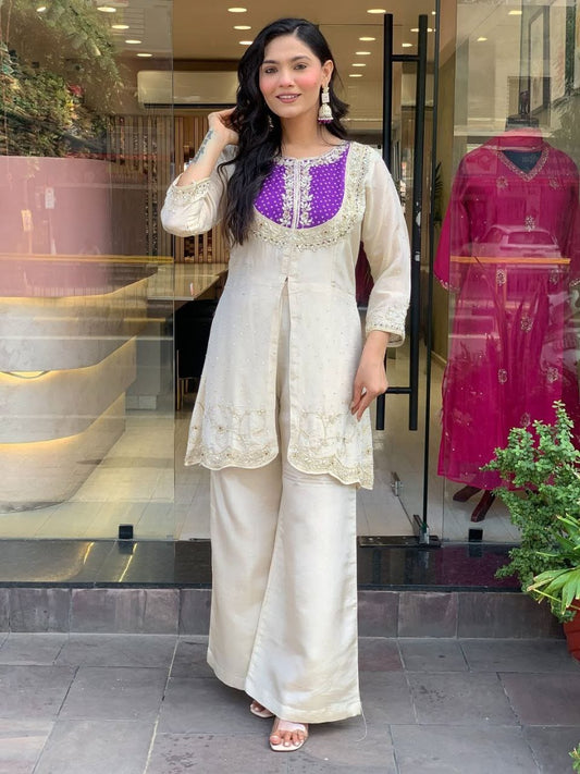 Roman Silk Embroidered Top & Palazzo Set with Coding Work β 2 Piece