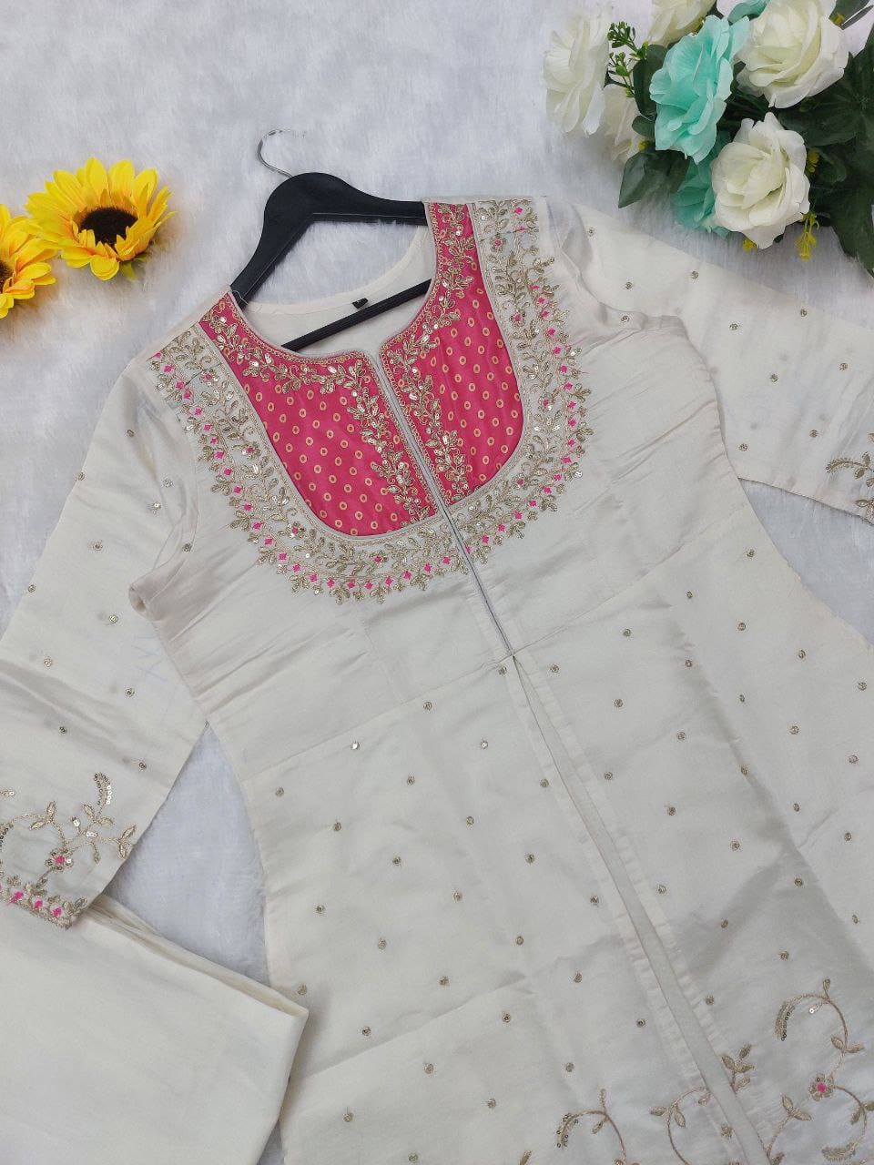 Roman Silk Embroidered Top & Palazzo Set with Coding Work – 2 Piece