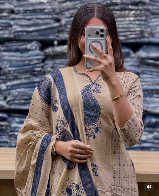 Royal Blue Cotton 60×60 Kairi Print Kurti Pant Dupatta Set