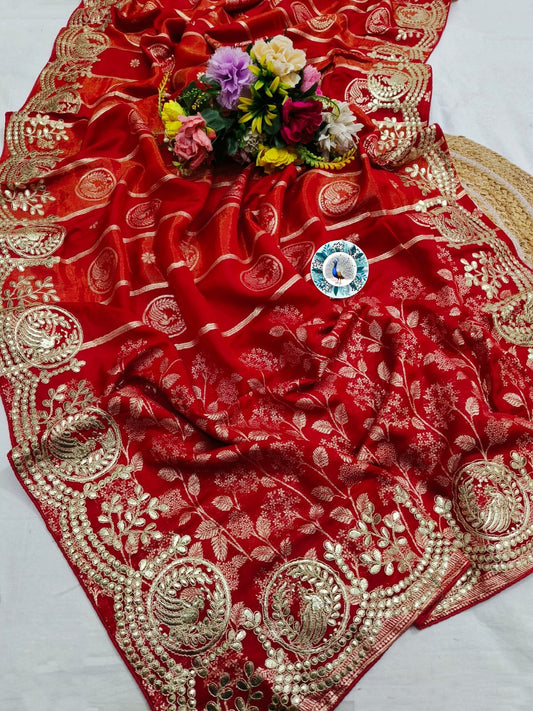 Russian Silk Saree with C Pallu Gotta Foil Work & Woven Zari